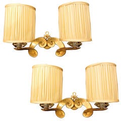 Maison Leleu Signed Pair of Gold Bronze Sconces with Silk Pleated Shades