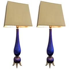 Superb Murano Blue Gold Sparkled Mercury Pair of Table Lamps