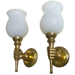 John Devoluy Neoclassic Small Hand Bronze and Opaline Pair of Sconces