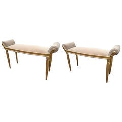 Maurice Dufrene 1925 Art Deco Pair of Chic Lady Benches in Gold Leaf Wood