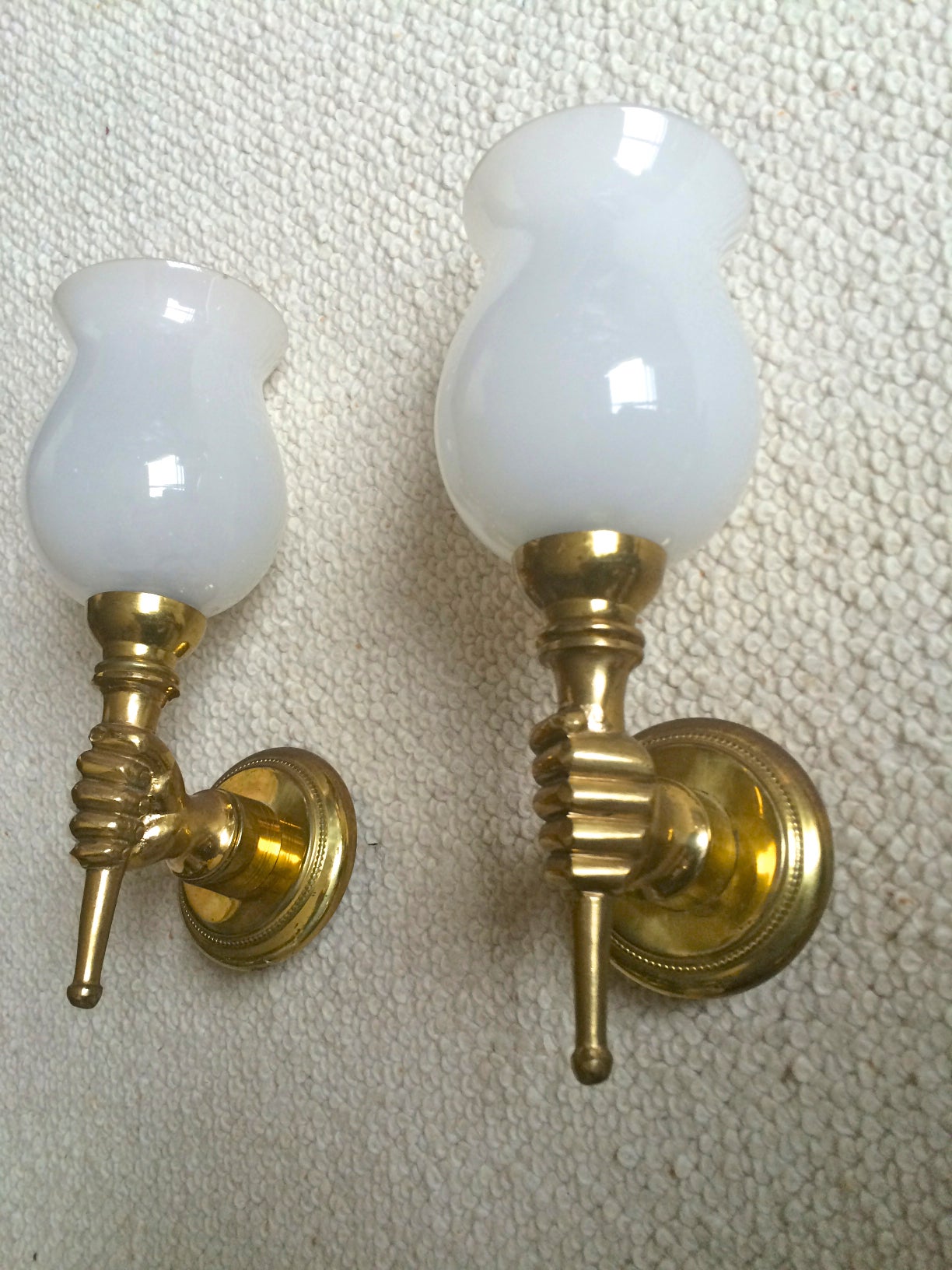 John Devoluy Neoclassic Small Hand Bronze and Opaline Pair of Sconces