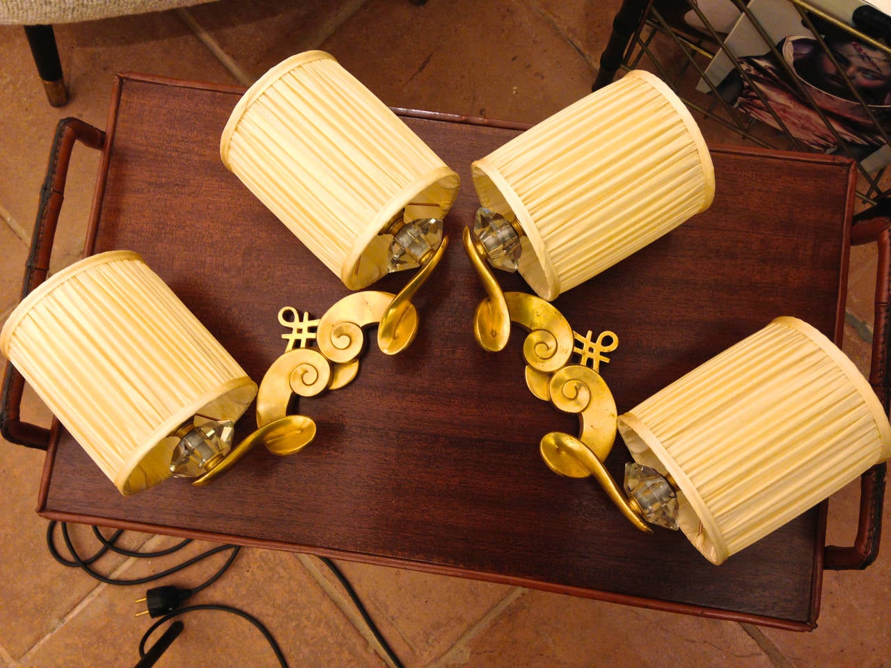 Mid-Century Modern Maison Leleu Signed Pair of Gold Bronze Sconces with Silk Pleated Shades