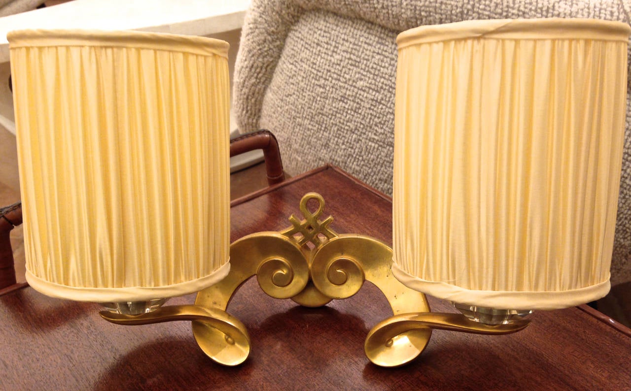 French Maison Leleu Signed Pair of Gold Bronze Sconces with Silk Pleated Shades