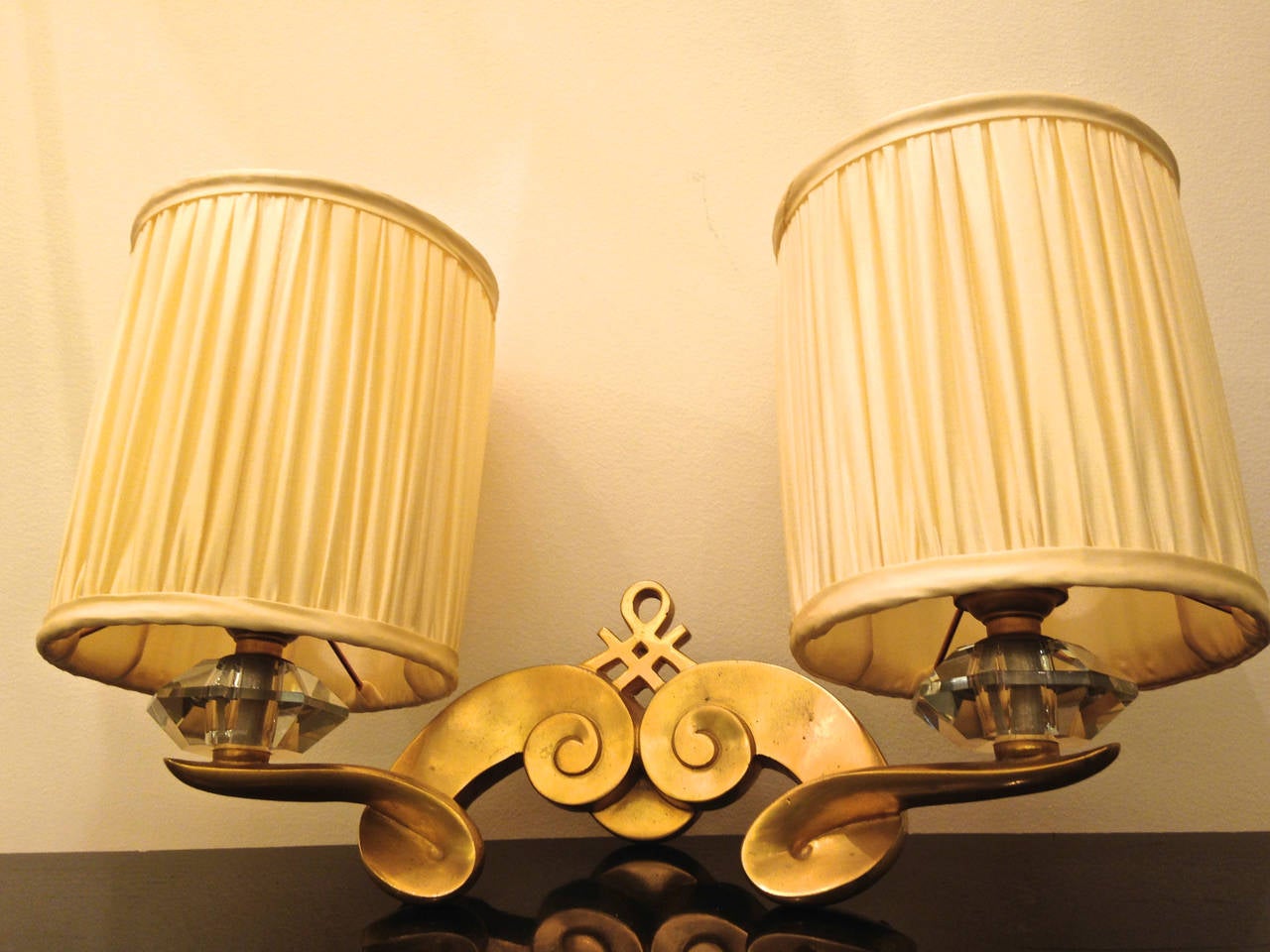 Mid-20th Century Maison Leleu Signed Pair of Gold Bronze Sconces with Silk Pleated Shades