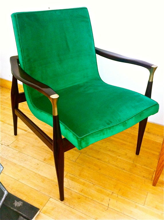 beautiful 50's design pair of arm chairs with strong brass  detail newly recoved in deeep apple green velvet