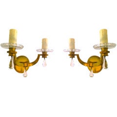 Jules Leleu And Baccarat Signed Pair Of Gold Bronze Sconces