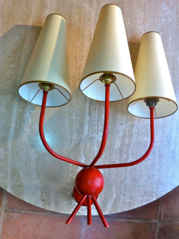 Jean Royere Red Pair Of 3 Lights Sconces Model 