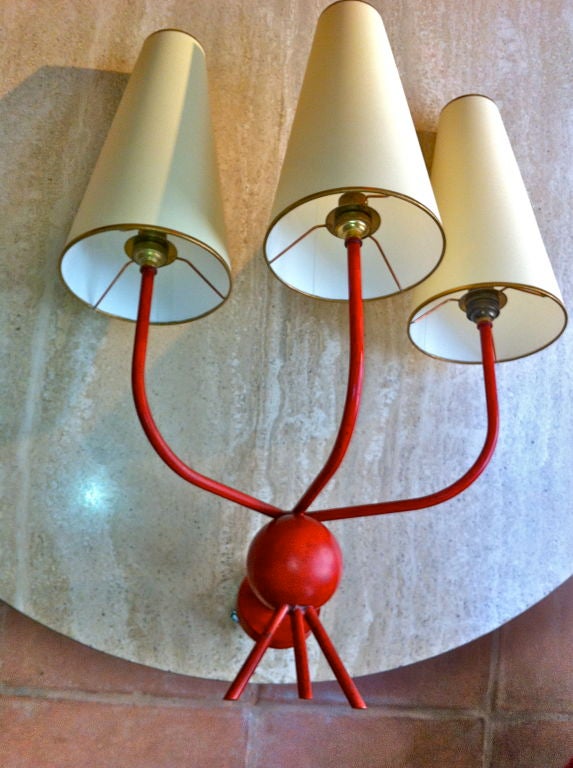French Jean Royere Red Pair Of 3 Lights Sconces Model 