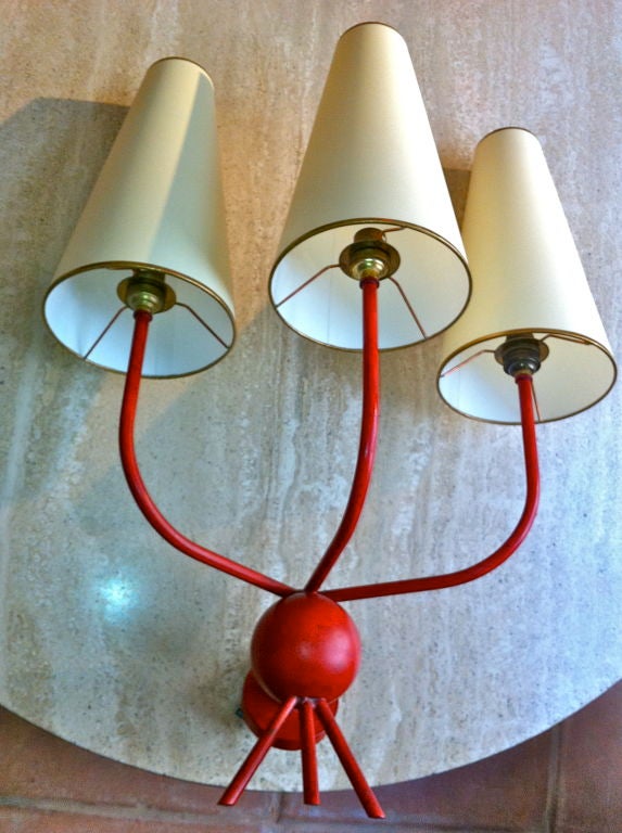 Mid-20th Century Jean Royere Red Pair Of 3 Lights Sconces Model 