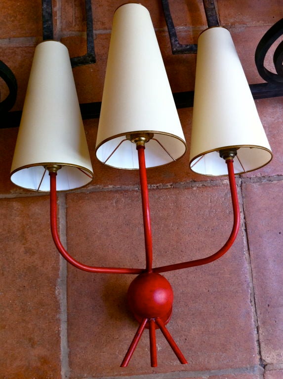 Jean Royere Red Pair Of 3 Lights Sconces Model 