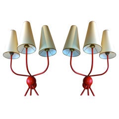 Jean Royere Red Pair Of 3 Lights Sconces Model "Hirondelles"