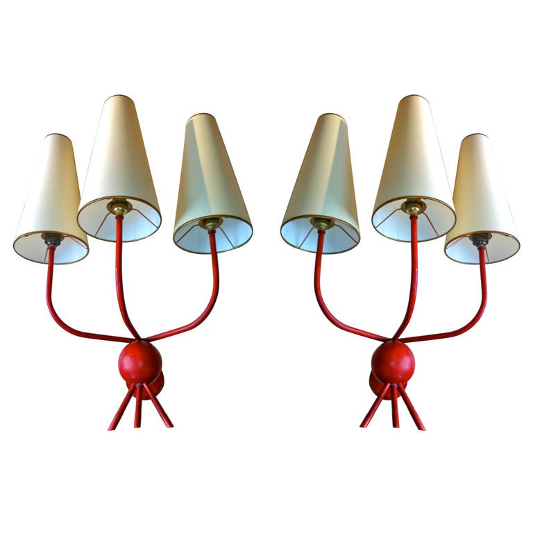 Jean Royere Red Pair Of 3 Lights Sconces Model "Hirondelles"