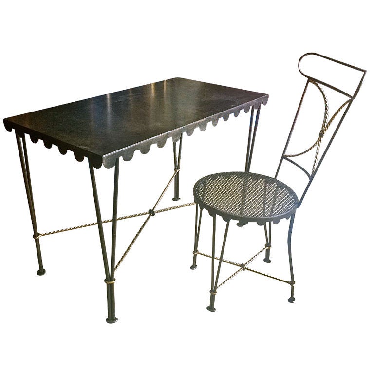 Gilbert Poillerat Desk and Chair in Wrought Iron For Sale