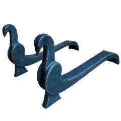 PIGEON shaped original wrought iron pair of andirons Vintage PIGEON shaped original wrought iron pair of andirons