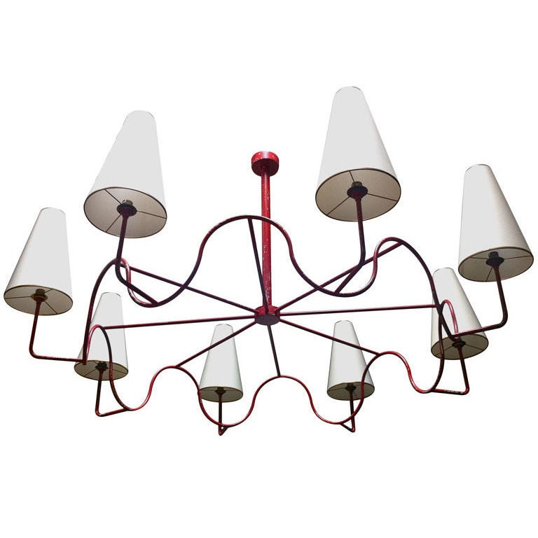 Jean Royere Extremely Rare Huge 8 Light Red "Wave" Chandelier