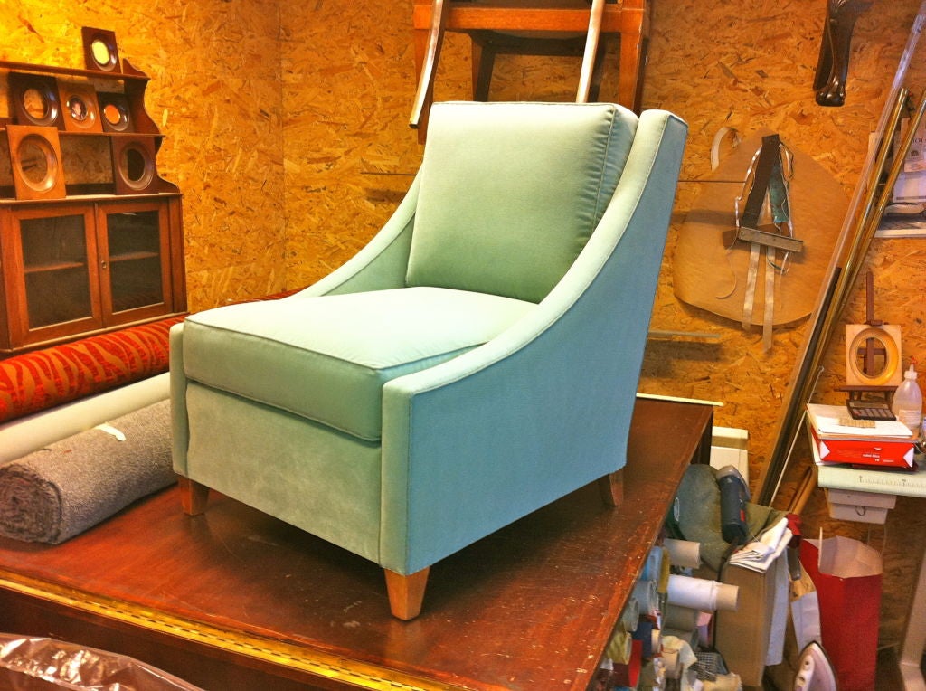 MAURICE HIRSCH 1940's very pure design,superb pair of slipper chairs with gold leaf legs and newly reupholstered in a pale blue velvet