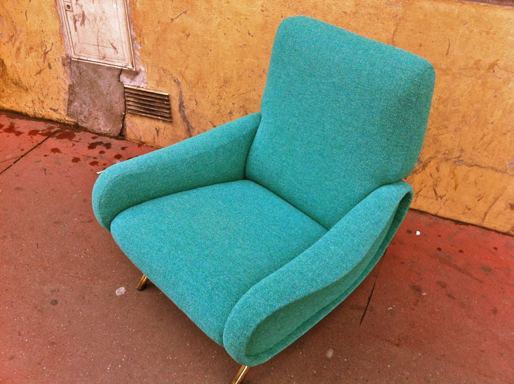ZANUSO vintage pair LADY chairs reupholstered in green lagoon wool bouclé material