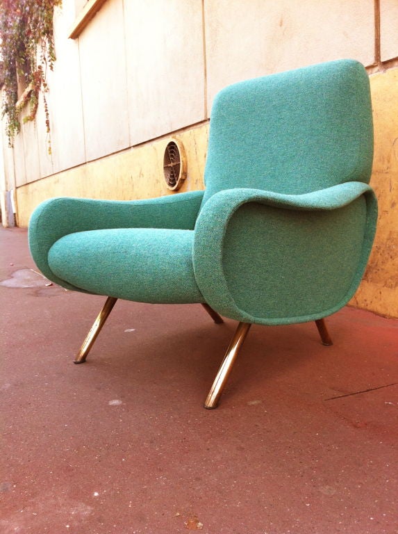 Zanuso Vintage Pair Lady Chairs Reupholstered In Green Lagoon 1