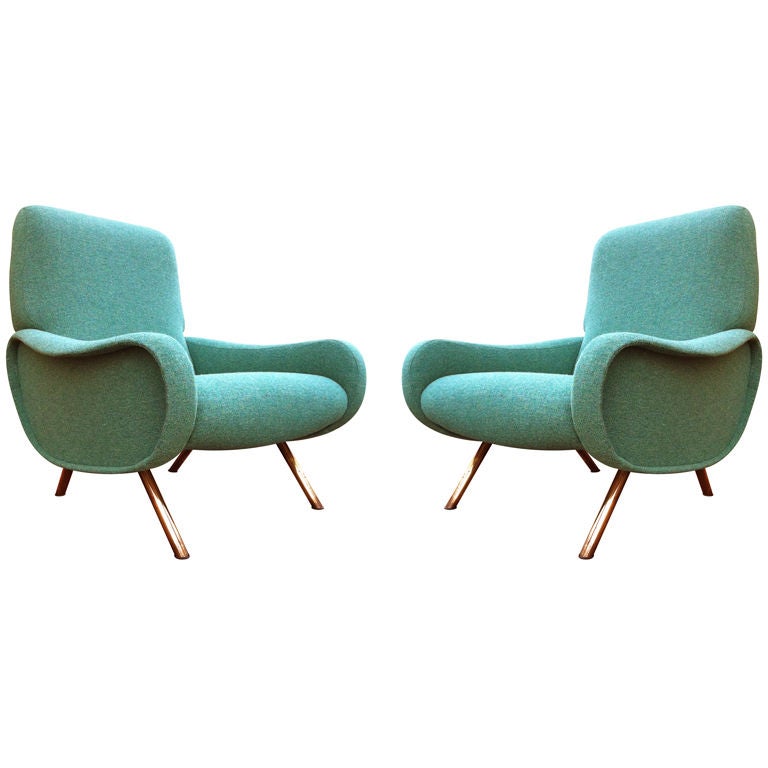 Zanuso Vintage Pair Lady Chairs Reupholstered In Green Lagoon