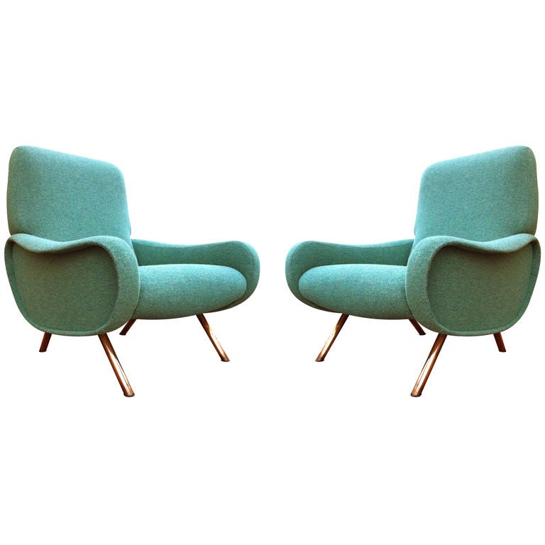 Zanuso Vintage Pair Lady Chairs Reupholstered In Green Lagoon
