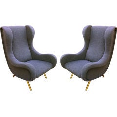 Zanuso Vintage Pair Of Senior Chairs Reupholstered In Jean Blue