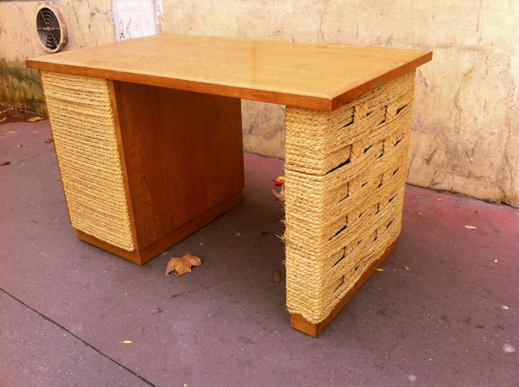 Audoux-Minet Oak and Woven Hay Rope 1950s Three Drawers Desk 5