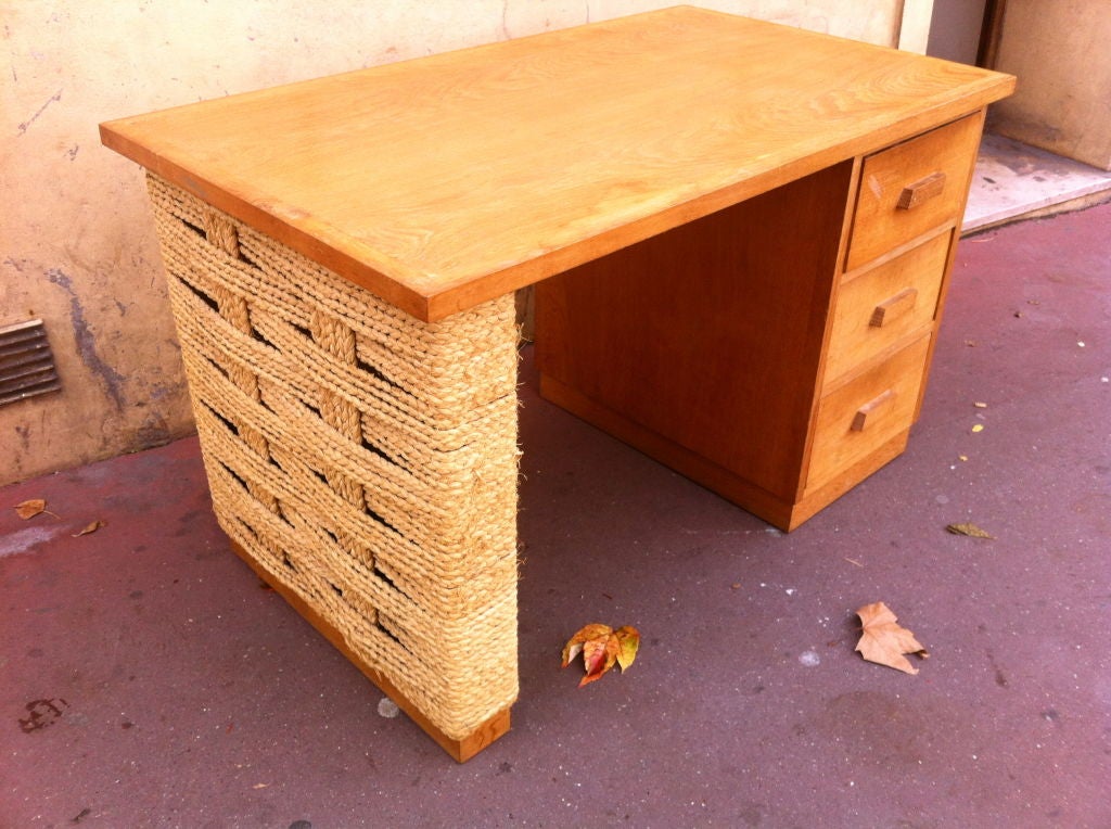 Mid-20th Century Audoux-Minet Oak and Woven Hay Rope 1950s Three Drawers Desk