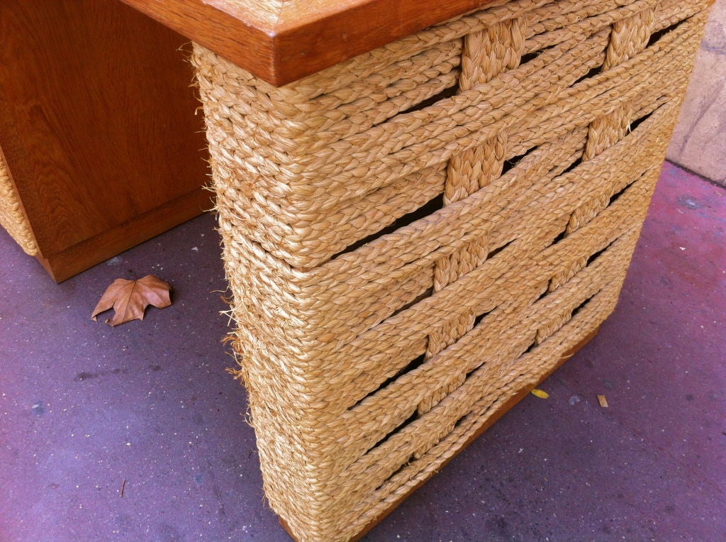Audoux-Minet Oak and Woven Hay Rope 1950s Three Drawers Desk 2