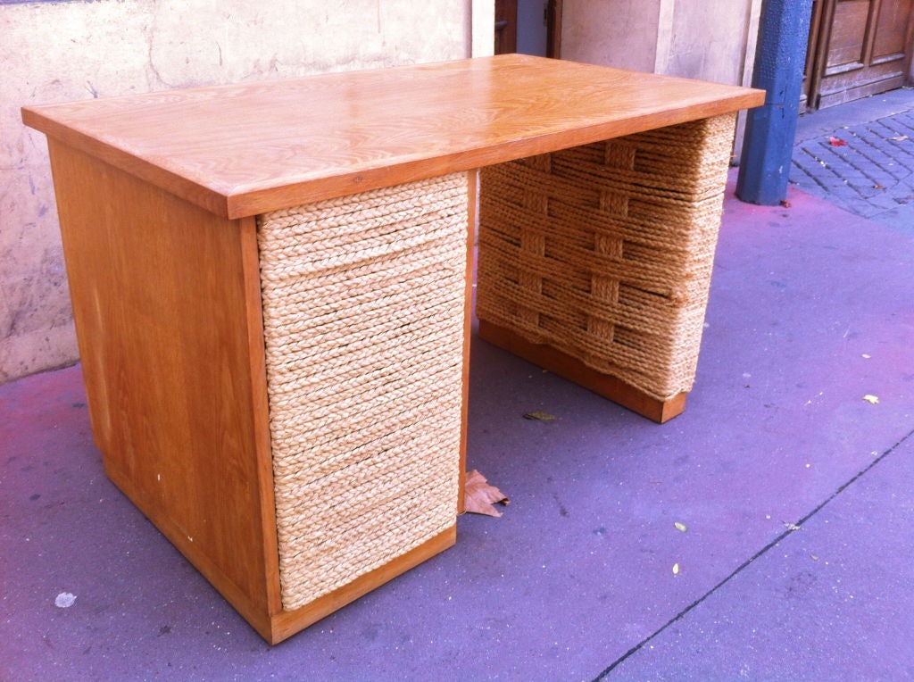 Audoux-Minet Oak and Woven Hay Rope 1950s Three Drawers Desk 3