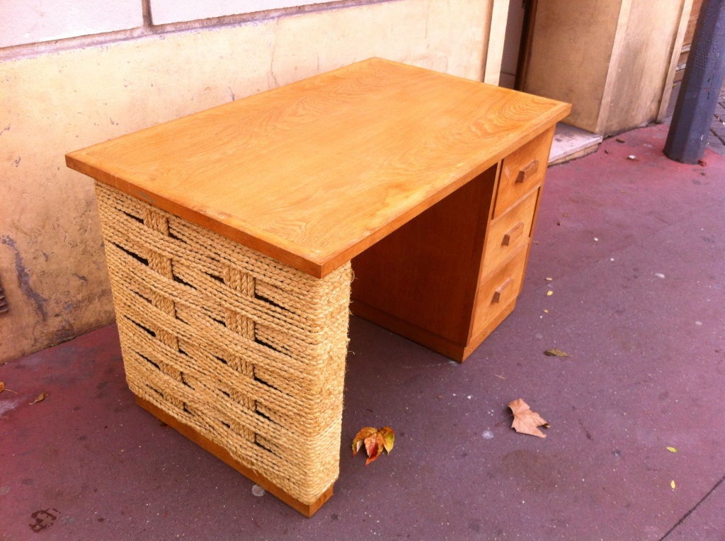 Audoux-Minet Oak and Woven Hay Rope 1950s Three Drawers Desk 4