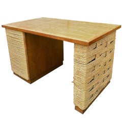 Audoux-Minet Oak and Woven Hay Rope 1950s Three Drawers Desk