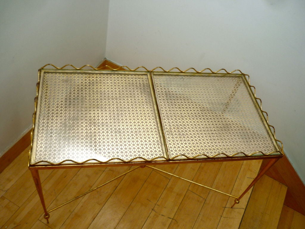 Mid-20th Century Rene Prou Charming Two Tray Gold Leaf Wrought Iron Serving Table For Sale