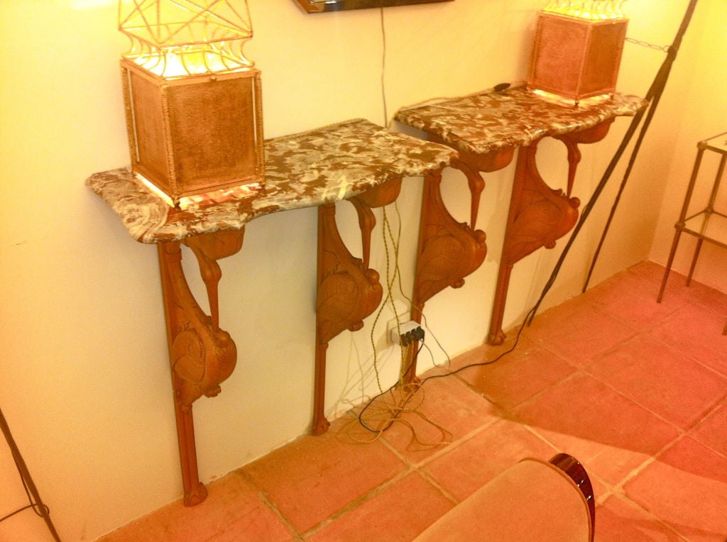 Superb 2 Flamingos Wood Carved Pair Of Console