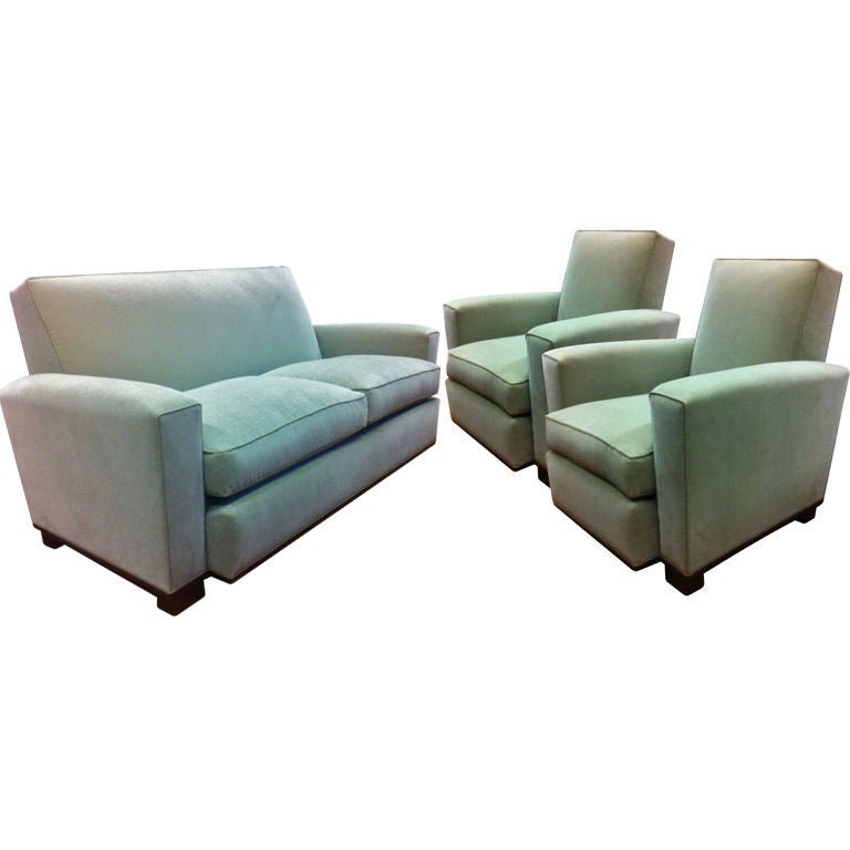 Jacques Adnet Documented Set of One Couch and Two Chairs in Mohair For Sale