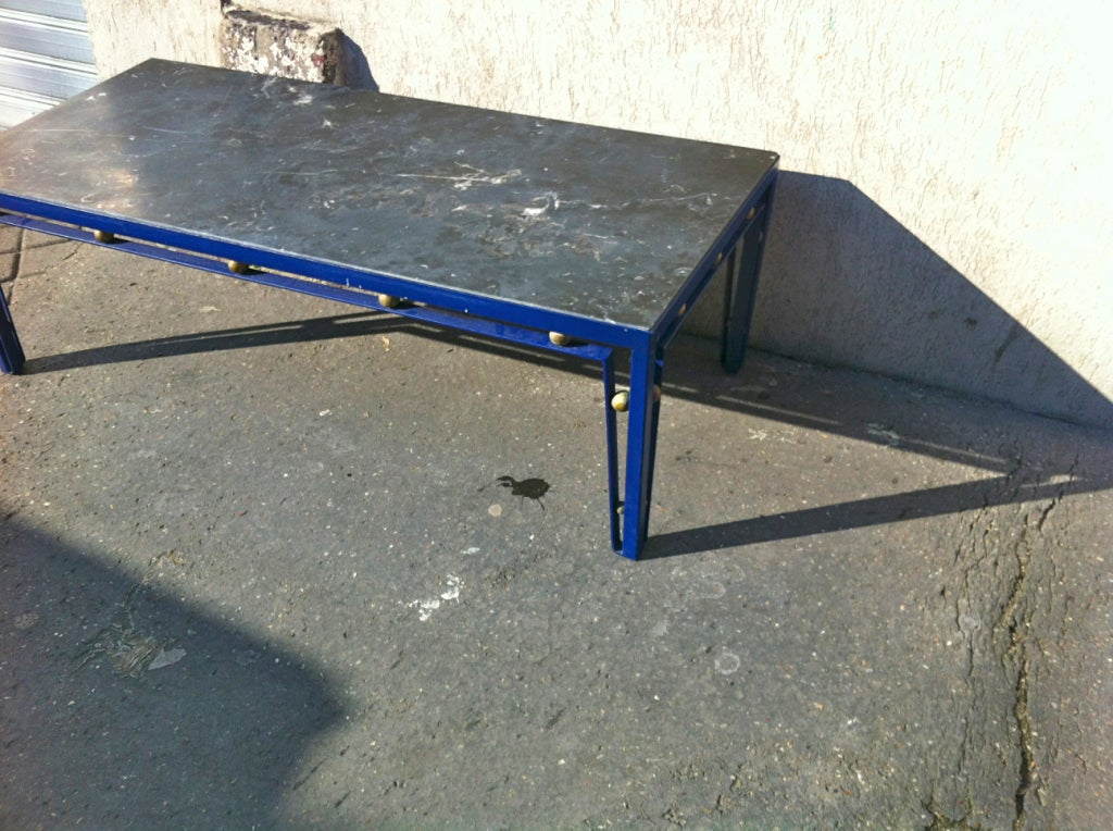 Marble Jean Royere Rare, Long Blue Cobalt Metal Coffee Table