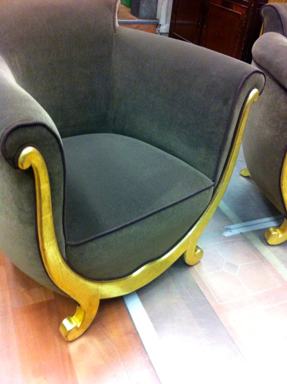 Mid-20th Century Maurice Dufrène Gold Leaf Wood Pair of Chairs For Sale