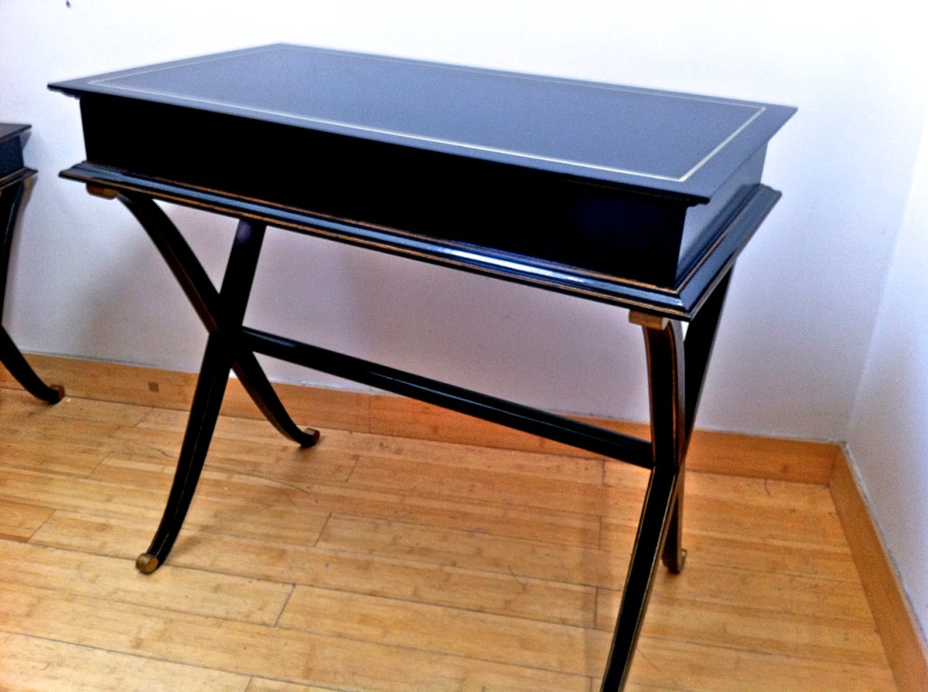 MAURICE HIRSCH signed gold leaf and black varnish vanity with a very refined x shaped legs and side interior drawers