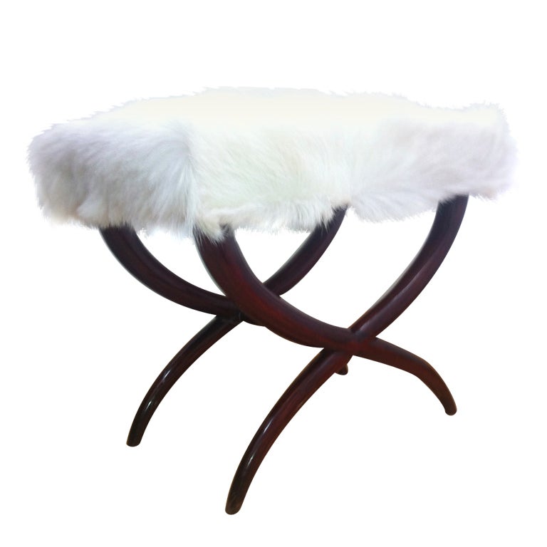 Jean Royere Goat Hair X-Shaped Stool For Sale