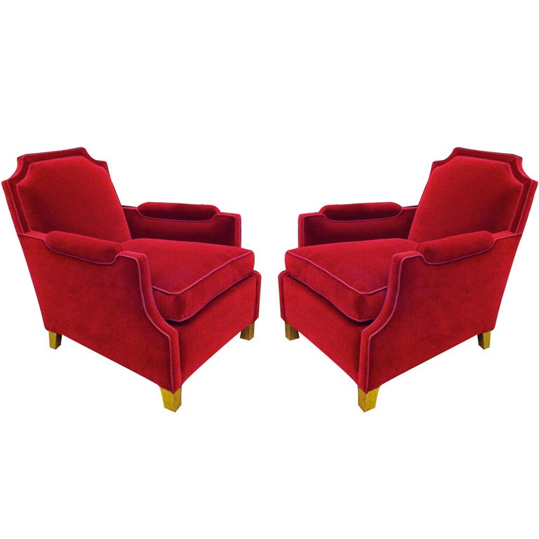 Maison Jansen 1940s Pair of Red Velvet And Gold Leaf Leg Chairs