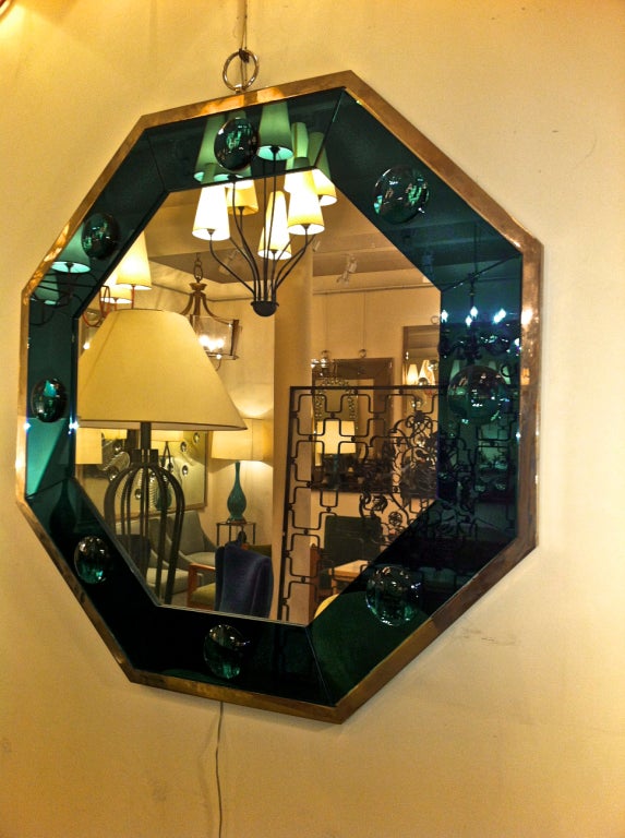 Modern Octagonal Silvered Frame Mirror with Deep Blue Insert For Sale