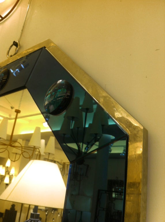 Octagonal Silvered Frame Mirror with Deep Blue Insert In Excellent Condition For Sale In Paris, ile de france