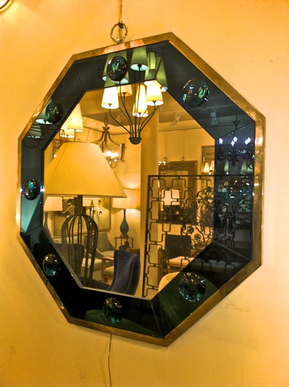 Bronze Octagonal Silvered Frame Mirror with Deep Blue Insert For Sale