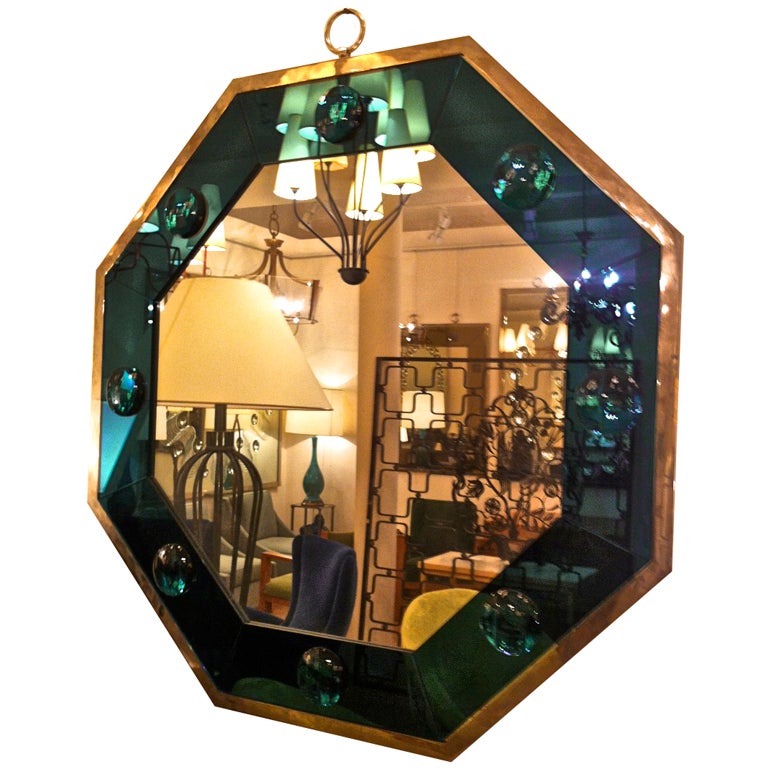 Octagonal Silvered Frame Mirror with Deep Blue Insert For Sale