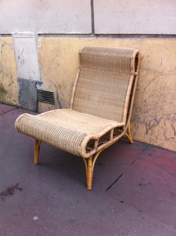 Mid-Century Modern Abraham and Rol Very Rare Pair of Rattan Slipper Chairs For Sale
