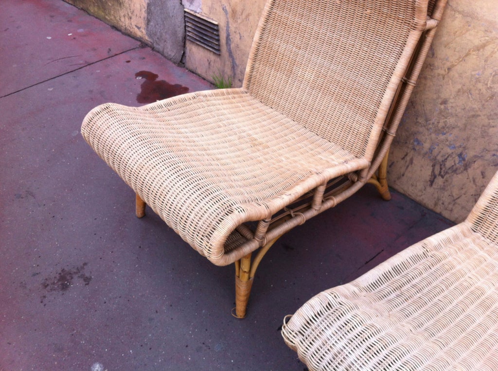 Mid-20th Century Abraham and Rol Very Rare Pair of Rattan Slipper Chairs For Sale