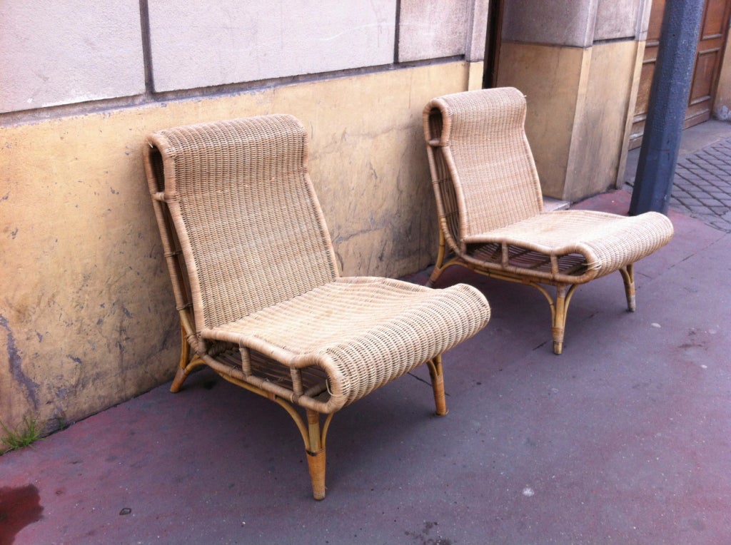 Abraham and Rol Very Rare Pair of Rattan Slipper Chairs For Sale 2