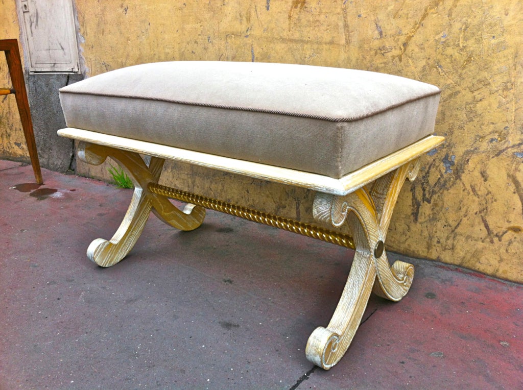 Andre Arbus Cerused Oak and Gold Leaf Bench, Newly Covered For Sale 5