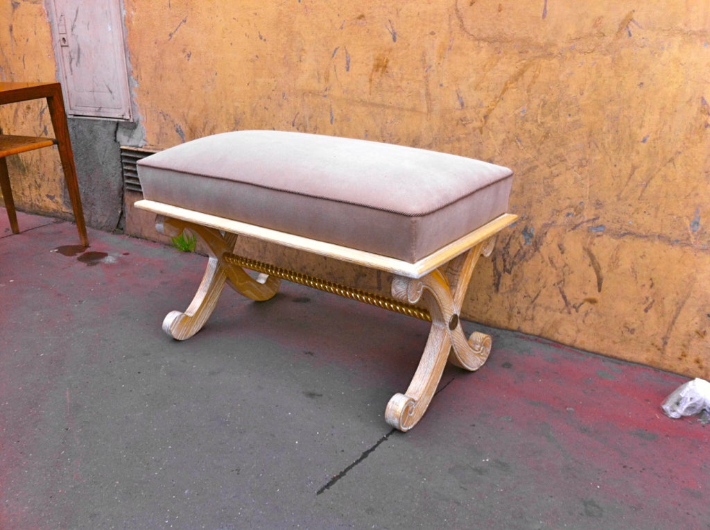 Andre Arbus cerused oak and gold leaf bench, newly covered.