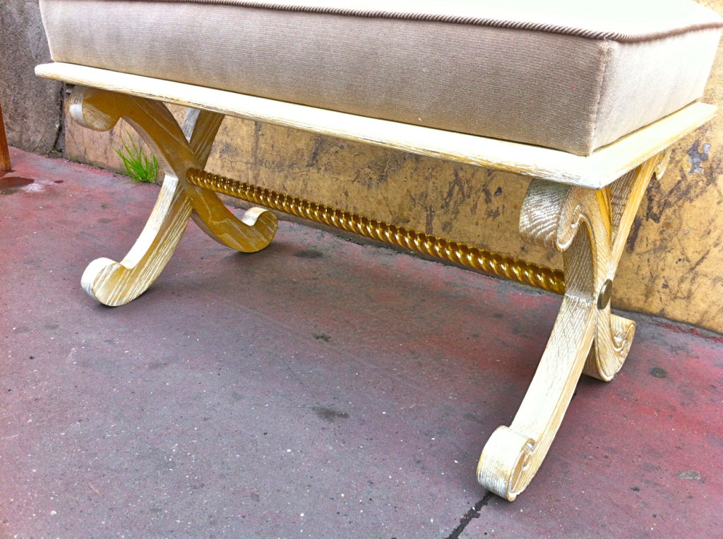French Andre Arbus Cerused Oak and Gold Leaf Bench, Newly Covered For Sale