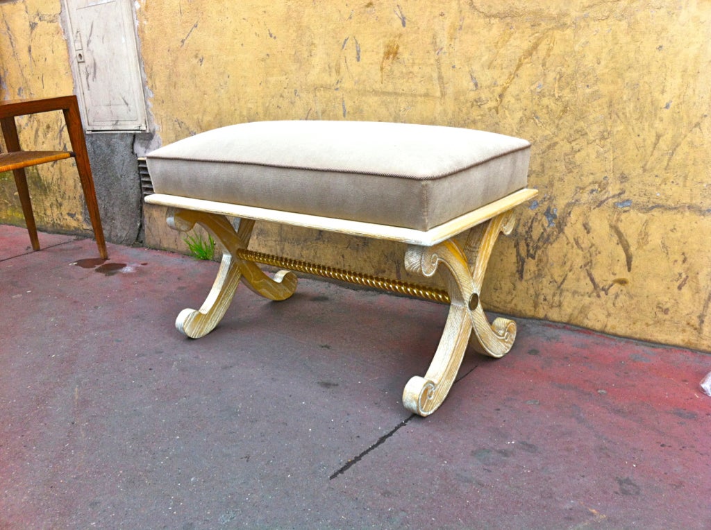 Andre Arbus Cerused Oak and Gold Leaf Bench, Newly Covered In Excellent Condition For Sale In Paris, ile de france